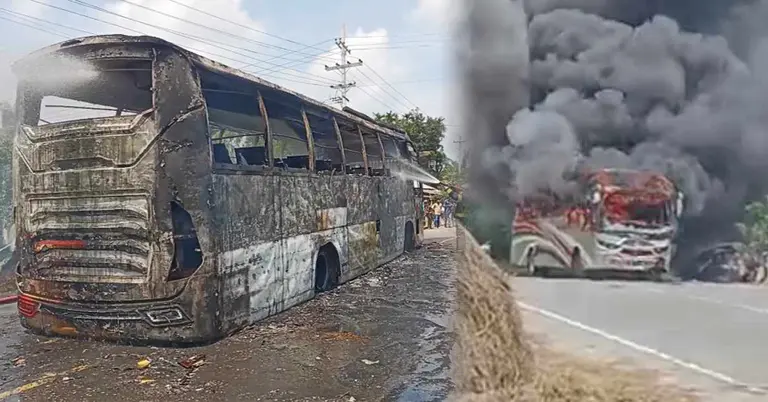 বিক্ষুব্ধ জনতার আগুনে ‍পুড়ে যাওয়া বাস