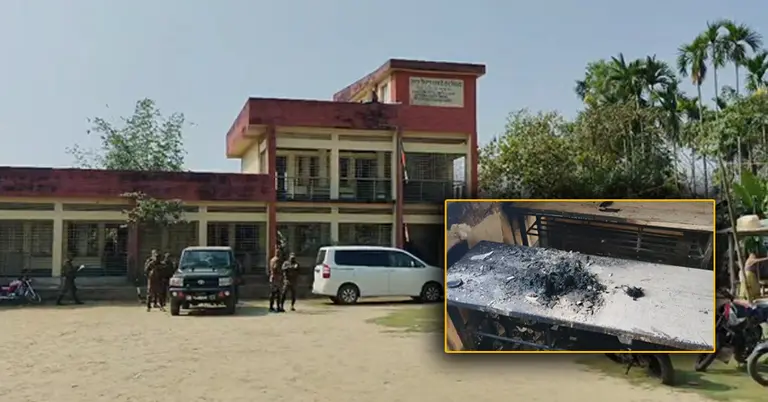 নেত্রকোনার একটি ভোটকেন্দ্র ও অগ্নিসংযোগের পর পুড়ে যাওয়া বেঞ্চ