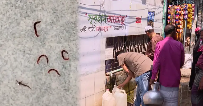 বামে ওয়াসার ময়লা ও দুর্গন্ধযুক্ত পানি ও ডানে মসজিদের গভীর নলকূপ ঘিরে পানির জন্য অপেক্ষা